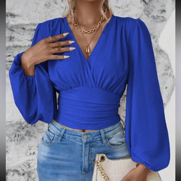 Boho Classic Elegant VNeck Pleated Smocked Long Sleeve Cropped Top Blouse Shirt - Picture 7 of 12